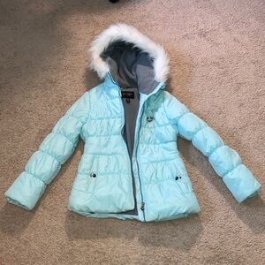 Jessica Simpson Aqua Puffer Jacket with Faux Fur Hood